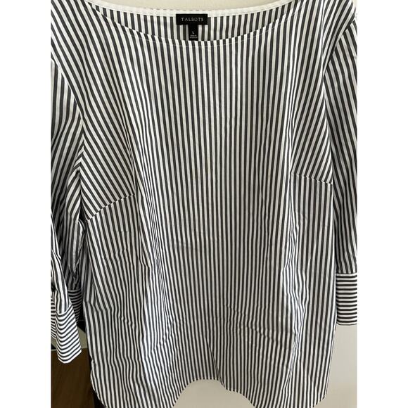 Talbot's L Gray Stripe 100% Cotton Unique 3/4 Sleeve Blouse Tunic - Picture 5 of 6